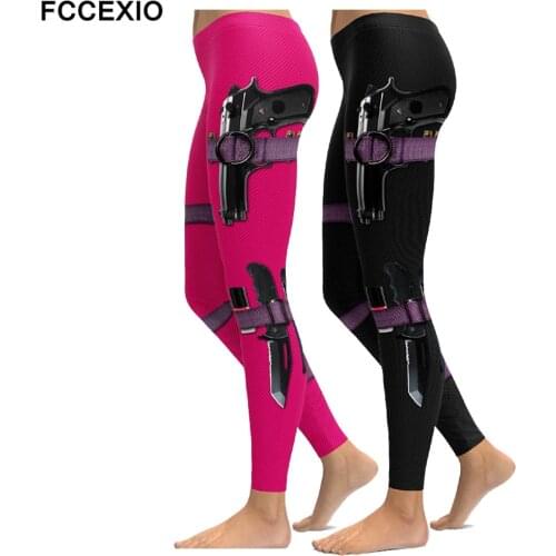 FCCEXIO New Gun Equipment Print Leggings Fashion Women Leggings Super Hero Deadpool Leggins Workout Legging Woman Fitness Pants