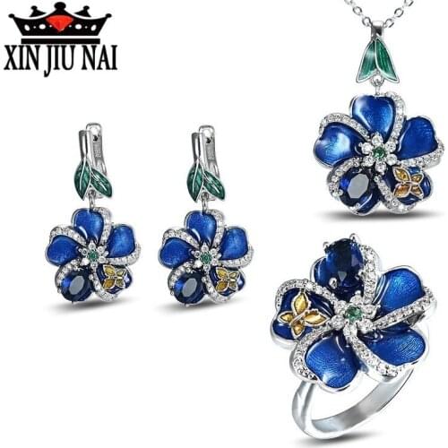 2020 hot new arrival arrives fashion luxury retro enamel butterfly blue flower banquet ball jewelry set ring, earrings, pendant