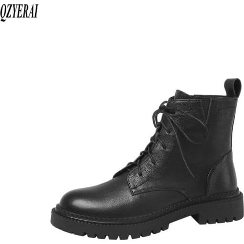 QZYERAI New winter 100% genuine leather ankle Women boots Motorcycle boots lace-up Female boots warm Women shoes cowhide