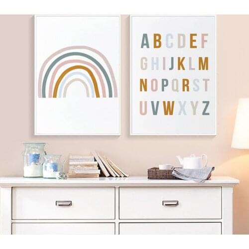 Rainbow Nursery ABC Alphabet Poster Wall Art Canvas Painting Print Pictures New Baby Girls Gift Kids Room Home Decor
