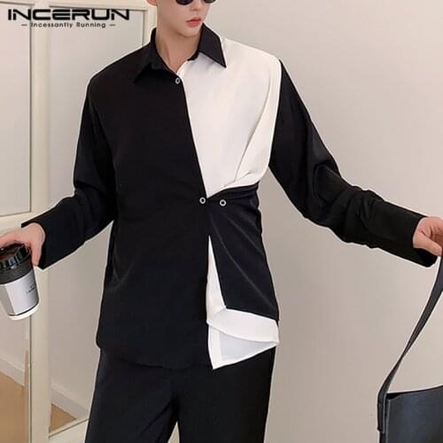 INCERUN Spring Men Patchwork Shirt Streetwear Lapel Long Sleeve Button Korean Style Casual Blouse Fashion Chic Mens Shirts S-5XL