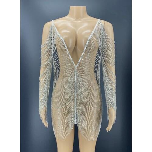 Sexy Stage Crystal Chain Hollow Dress Party Birthday Singer Costume For Women Flashy Prom Blingling