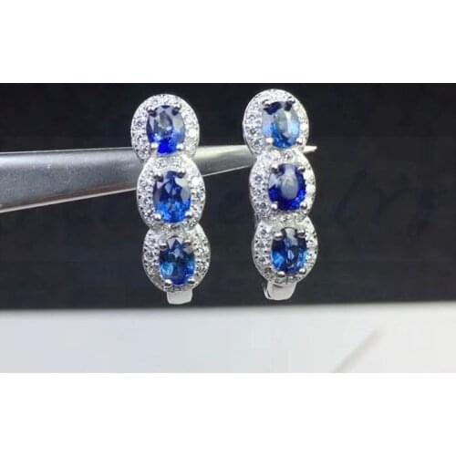 Natural sapphire hoop earring 925 sterling silver Natural real blue sapphire 0.35CT*6PCS gemstone For men or women #S18092410
