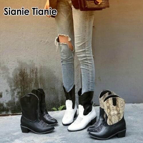 Sianie Tianie 2020 new woman boots snake print white cowgirl booties square high heels motorcycle ankle boots slip-on shoes