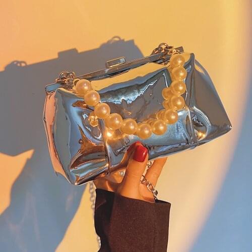 Luxury Designer Silver Handbag For Women Patent Leather Lattice Pearl Tote Bag High Quality Glossy Shoulder Bags Female Clip Bag