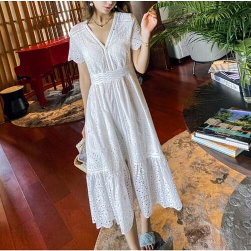 GypsyLady Vintage Embroidery Midi Dress 100% Cotton White Women Summer Holiday Dress Hollow Out Sheer Sexy Chic Ladies Dresses