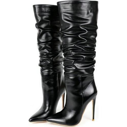 2020 Cowboy Western Knee High Boots Women Pointed Toe Sexy Thin High Heel Women Pleated Boots Autumn Winter Boots Black Apricot