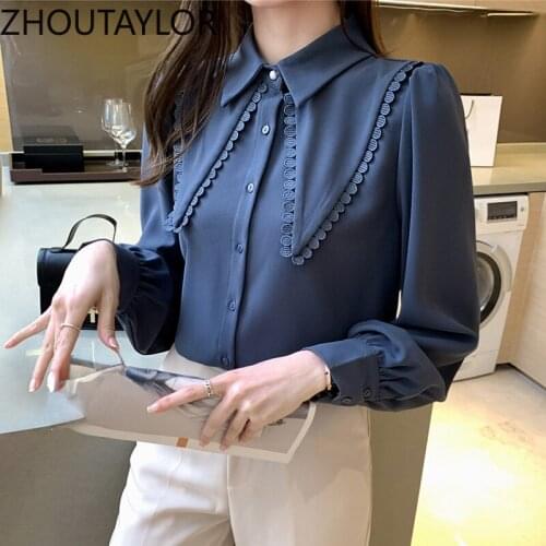 ZHOUTAYLOR Women Shirts Office Lady Peter Pan Collar Full Sleeve Female Blouse Solid Single Breasted Autumn Femme Tops S0438