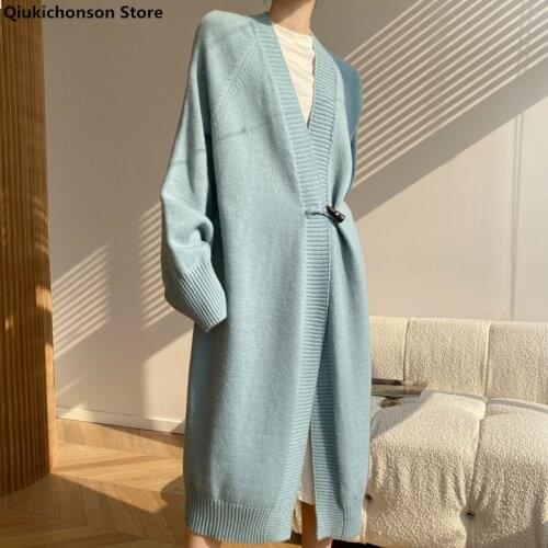 Thick Long Sweater Cardigan Women Autumn Winter Coat Batwing Sleeve Knitted Horn Button Design Long cardigan mujer