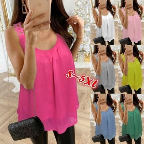 2021 Summer Exy O Neck Lace Patchwork Womens T Shirts Fashion Casual Solid Sleeveless Chiffon Folds Lady Plus Size T Shirt Tops