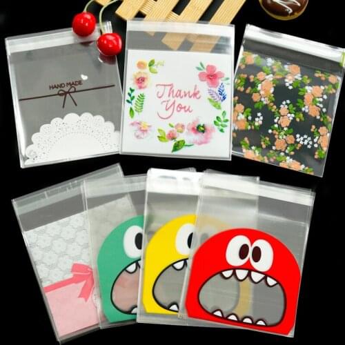 300pcs Flower Cartoon Plastic Bags Thank You Cookie Bags DIY Self-Adhesive Biscuits Packaging Bag Wedding Party Favor Bag