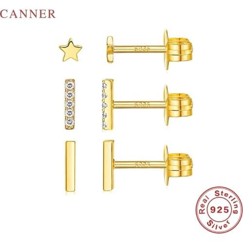 CANNER 3pc/Set Earrings For Women 925 Sterling Silver Pendientes Mini Five Pointed Star Straight Piercing Stud Earrings Jewelry
