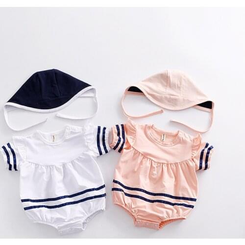 Free Shipping 2019 Hot Summer Baby Set Toddler Girl Rompers Hat Set Children Sailor Costume Suit Pink White 2 Pieces Outfit
