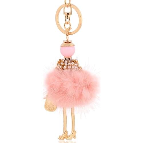 Fur ball keychain for women bag fur pom pom fluffy lovely key chain car pendants fur key ring charm pink keyring accessories