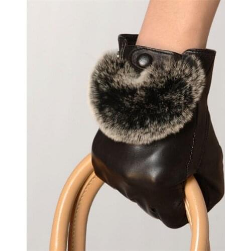 Brand Genuine Leather Gloves Fashion Women Sheepskin Gloves Wrist Rabbit Hair Black Winter Fingers Driving Glove L126NK
