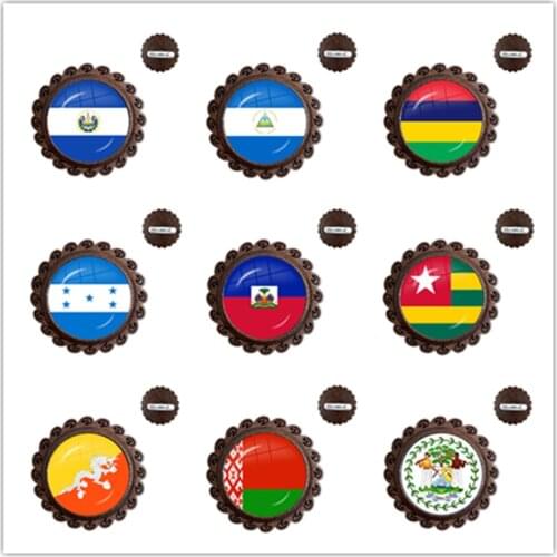 Sardova,Nicaragua,Mauritius,Honduras,Haiti,Togo,Bhutan,Belarus,Belize National Flag Wood Glass Cabochon Brooches CollarPin Badge
