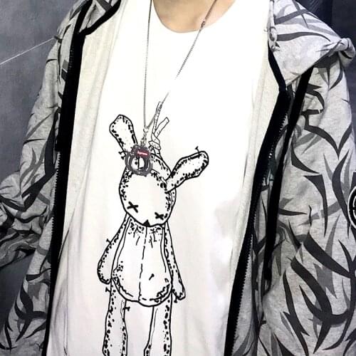 Harajuku Black T-Shirt Women Streetwear Goth Anime Cartoon Rabbit Print Short Sleeve Top Plus Size Y2K Punk Dropshipping Clothes