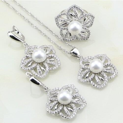 Flower 925 Sterling Silver White Pearl Cubic Zirconia Jewelry Set For Women Wedding Earrings/Ring/Pendant/Necklace