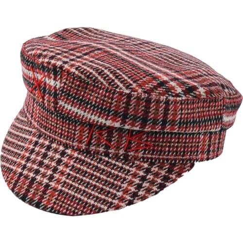 Button Rope Decorative Fashion Beret Hat Autumn And Winter New Coloured Lattice Knitted Flat Top Hat Japanese Student Navy Hat