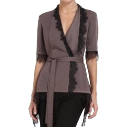 Elegance Mulberry Mist Lacy Layers Belted Wrap Blouse Fold Slanting Lapel Satin Asymmetric Shirt Delicate Lace 1/2 Sleeve Tunic