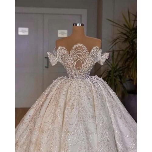Elegant Wedding Dresses Illusion O Neck Bling Bling Glitter Fabric Short Sleeve Ball Gown Vestidos De Novias