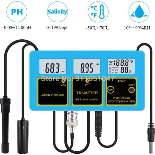4 in 1 Online PH Salinity Temperature Humidity Monitor ATC Water Quality Tester Aquarium Seawater Salt Content Measure Salimeter