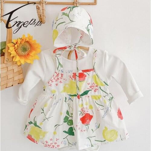 Engepapa Toddler Baby Girl Flower Cotton Long Sleeve Dress Romper+Hat Spring Autumn Infant Baby Girls Jumpsuit