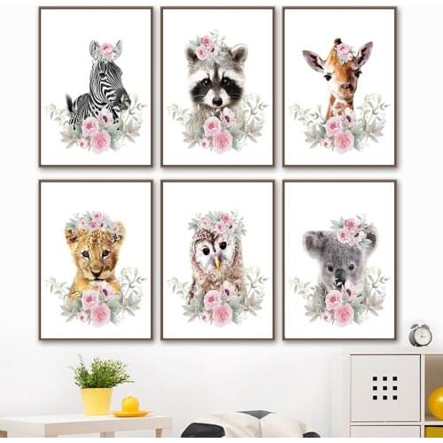 Cute Cartoon Animal Flower Picture Home Decor Nordic Canvas Painting Wall Art Posters and Prints for Dormitory Kids Room Decor