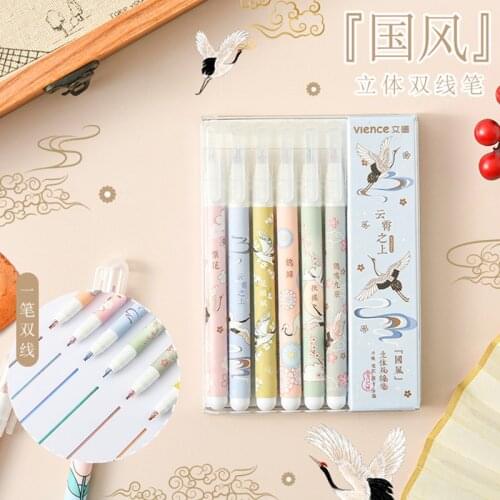 6 Colored Double Line Fineliner Markers For Skating Art Drawing Stationery Set Of Artistic Pens