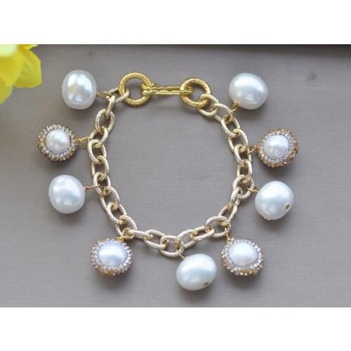 MCT·STAR Z10561 8" 15mm White Egg Shell CZ Round Pearl Bracelet Chain
