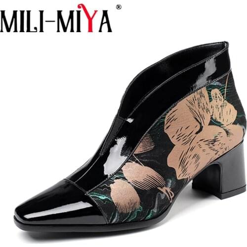 MILI-MIYA New Designer Embroidered Ankle Boots Women Luxury Cow Leather Ethnic Flower Square High Heels Slip On Black Shoes