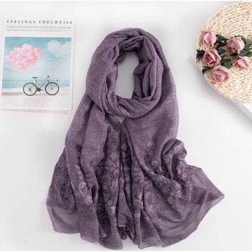 Fashion Women Plain Lace Floral Patchwork Cotton Feeling Shawl Scarf Large Size Muslim Hijab Wrap 200x95cm