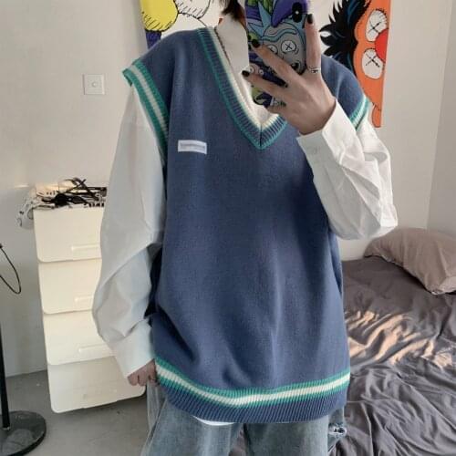 Men V-neck Sweater Vest Shrug Patchwork Knitted Couples Ins Plus Size 3XL Oversize Harajuku Vests Ins Chic Korean Style Leisure