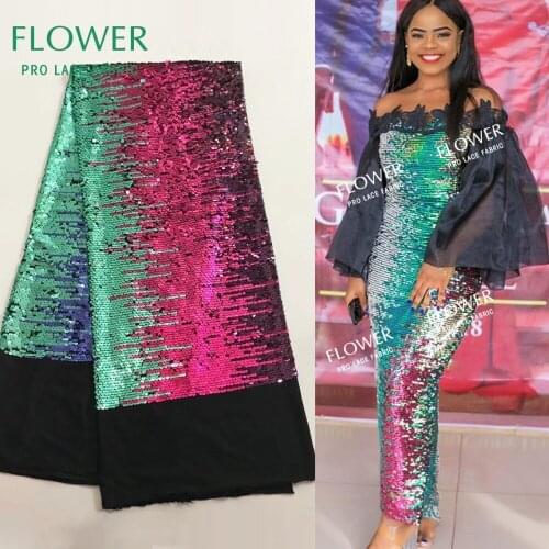 2020 New Sequins Velvet Lace Fabric African Nigerian Embroidered Sequined Knitted Fabric Colorful Design Wedding Dress Material