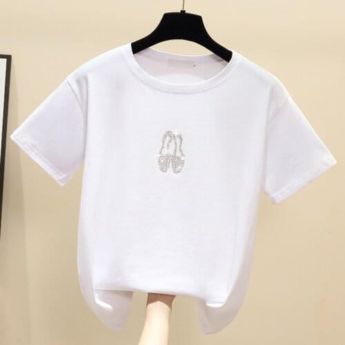 New White T Shirt Women Tops Summer Plus Size Fashion Korean Clothes Woman Tshirt Short Sleeve Black Diamond Tee Shirt Femme