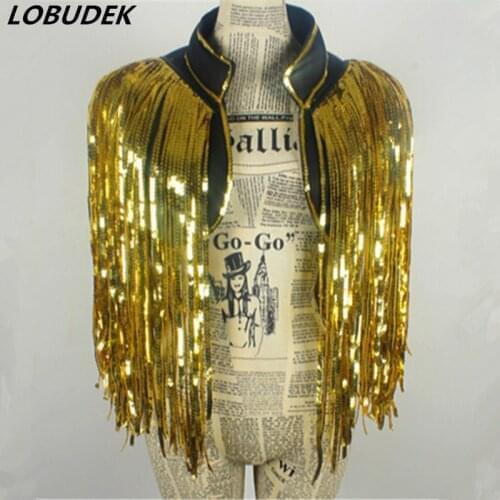 Gold costumes dancer nightclub singer new stage outfit all-match tassel Sequin vest vest over performance nightclub bar party