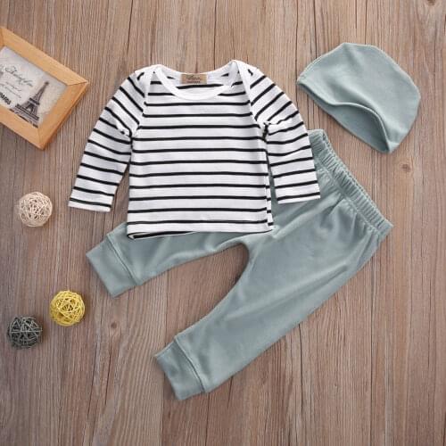 3Pcs Fall Newborn Baby Boy Clothes Striped Long Sleeve Tops Pants Hat Outfits Baby Cotton Set Causal Clothes 0-18Months