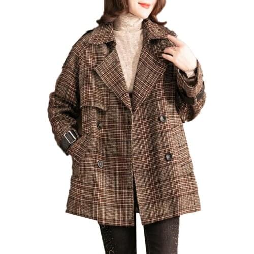 Casaco Feminino Plus Size Womens Plaid Woolen Coat Blazer Autumn Winter Jacket New Lapel Mid-Length Female Fashion Overcoat
