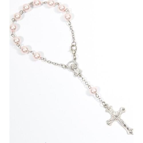 Religious Bracelet Pink Glass Pearl Imitation Rosary Childrens Communion Babys Baptism Favors Catholic Mini Rosary