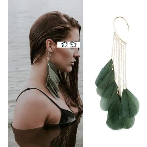 Bohemia Feather Earrings For Women Ethnic Style Charm Tassel Dangle Cuff Ear Clip On Earrings Jewelry Boho Accessories 1pcs