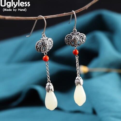 Uglyless China Cultural Bat Animals Thai Silver Earrings for Women Real 925 Silver Long Earrings Natural Jade Magnolia Jewelry