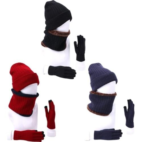 Unisex 3Pcs Beanie Hat Infinity Circle Scarf Touchscreen Gloves Set Winter Knit Plush Lined Skull Cap Neck Warmer Mitten