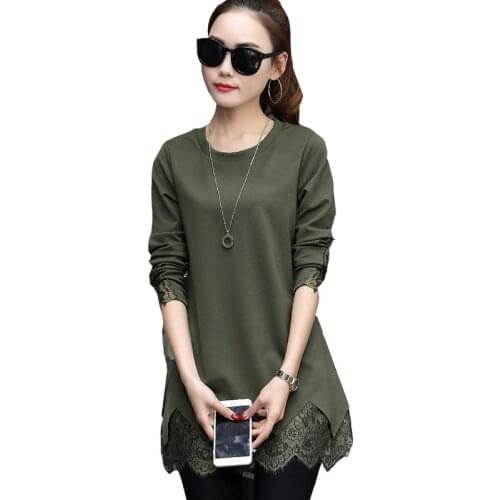 6 Colors Plus Size Women SleeveT-Shirt 2019 Spring Autumn New Loose Wild Casual Fashion Long Lace Long Pullover T-Shirt Tops