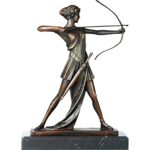 Playing Bow and Arrow Woman Bronze Statue Vintage Warrior Sculpture Brass Female Figurine Home Decor Antique Art