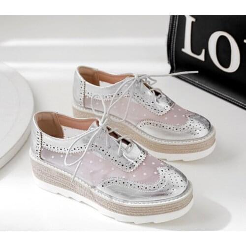 Summer Crepers air mesh polka dot brogue shoes women breathable loafers wedges lace up carved pattern bullock flats woman 2021