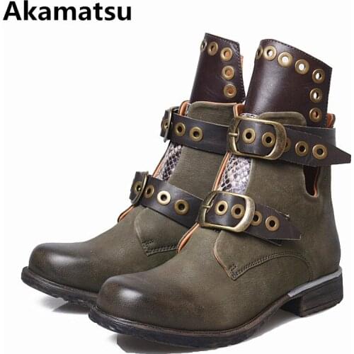 Botas mujer winter genuine leather short ankle boots for woman buckle strap snow bota horse riding chelsea boots motorcycle shoe