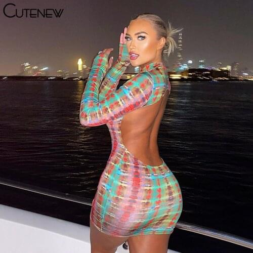 Cutenew Backless Serpentine Print Finger Hole Mini Dresses Women Bodycon O-Neck Skinny Spring Sexy Party Clubwear Hot Streetwear