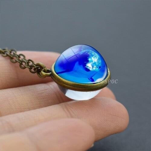 Sea Dolphins Glass Ball Pendant Necklace for Women Female Animal Ocean Beach Jewelry Gift