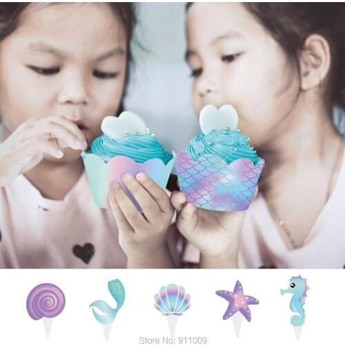 40pcs Mermaid Theme Decorations Cake Border Baby Shower Wedding Party Cake Topper Kids Birthday Cupcake Wrapper Party Supplies