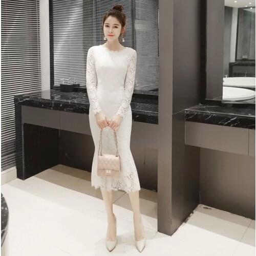 White Floral Print Evening Dress Full Sleeves Fashion Tea-length Pleat Mermaid New O-Neck Plus size Women Formal Party Gown C799